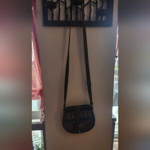 Boho Crossbody Saddle Bag in Dark Brown Learher with Patterned Accent